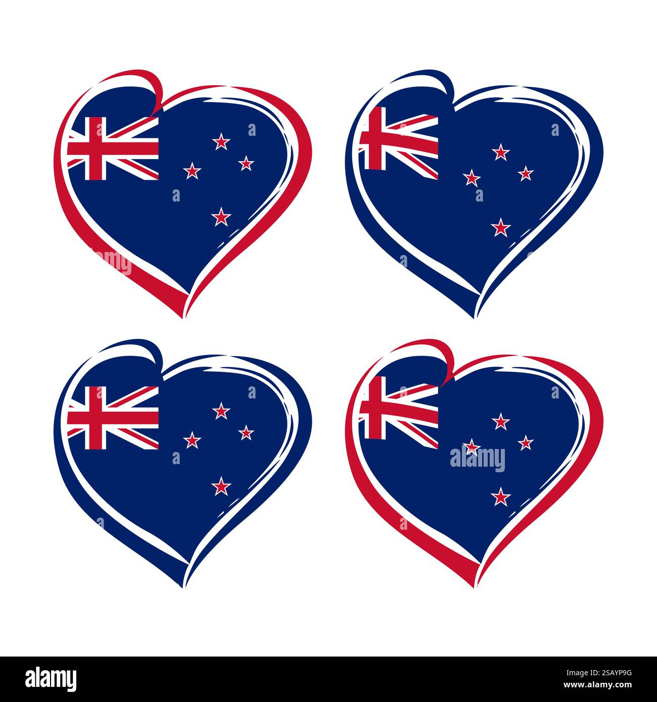 Set aus isolierten Herzen mit Hintergrundelementen der Flagge Neuseelands und Schnittmaske. Kreative Herzform. Markenidentitätskonzept, Vektorgrafik Stock Vektor