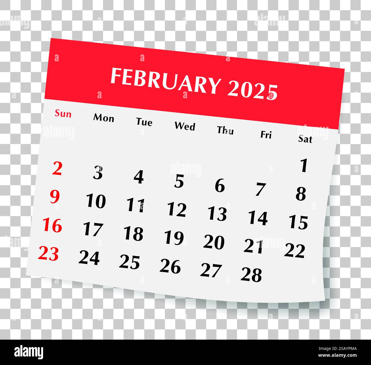 Englischer Kalender für den 2025. februar. Eine Vektorgrafik einer monatlichen Papierseite mit transparentem Hintergrund Stock Vektor