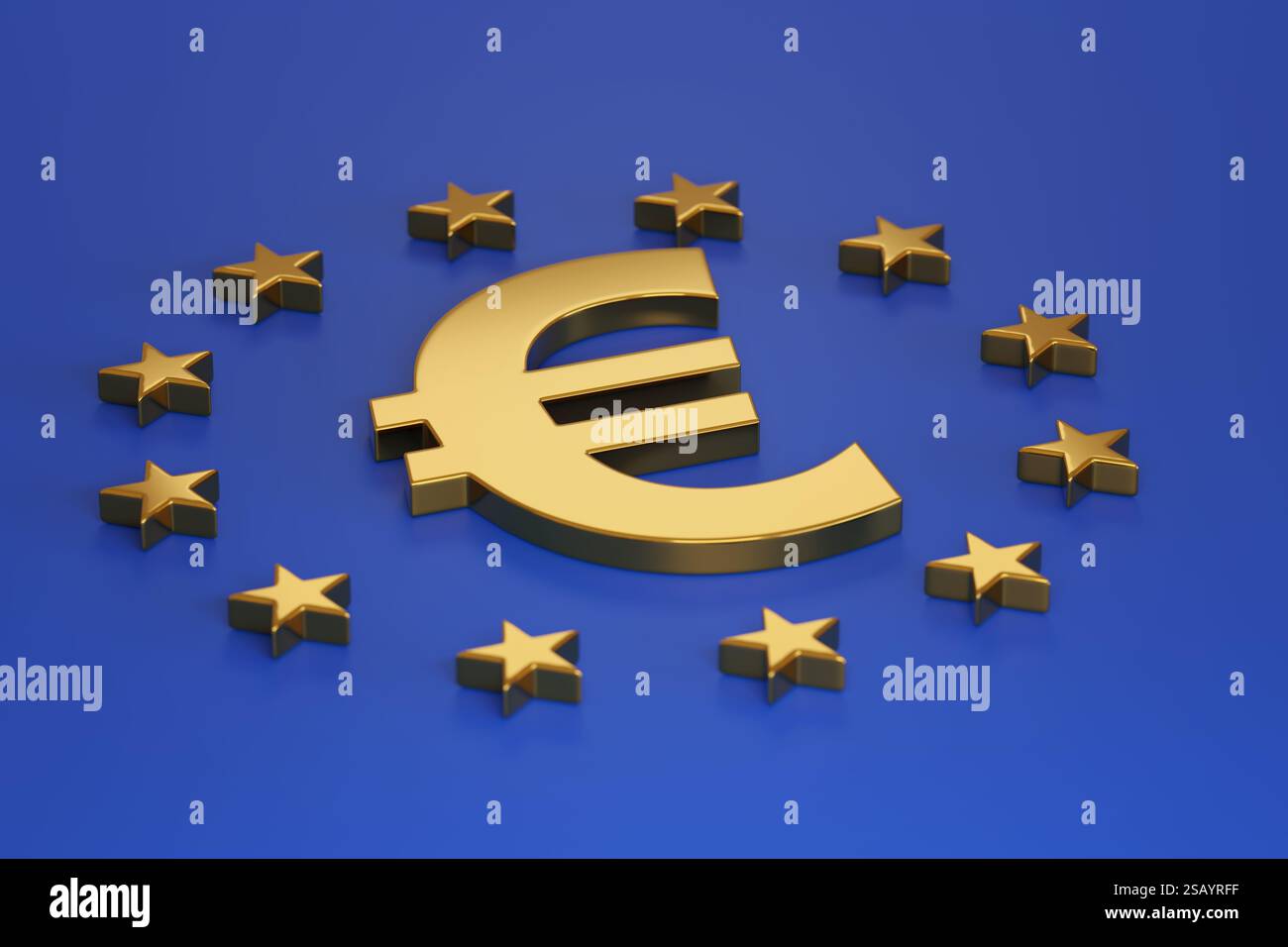 Euro-Symbol umgeben von Sternen auf blauem Hintergrund. 3D-Abbildung. Stockfoto