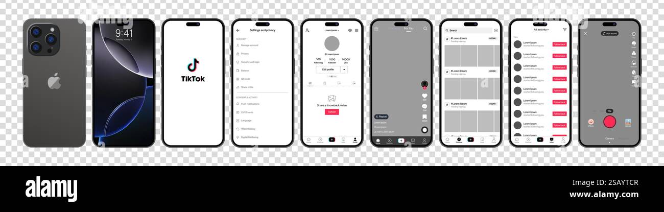 Tik Tok Design für iPhone 16 Pro. Legen Sie die Vorlage für die Benutzeroberfläche für soziale Medien und soziale Netzwerke für Tik Tok-Bildschirme fest. Homepage, Empfehlungen, Abonnements. Tik Stock Vektor