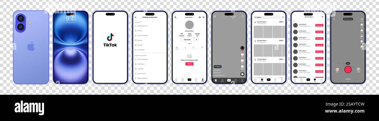 Tik Tok Design für iPhone 16. Legen Sie die Vorlage für die Benutzeroberfläche für soziale Medien und soziale Netzwerke für Tik Tok-Bildschirme fest. Homepage, Empfehlungen, Abonnements. Tik Tok Stock Vektor