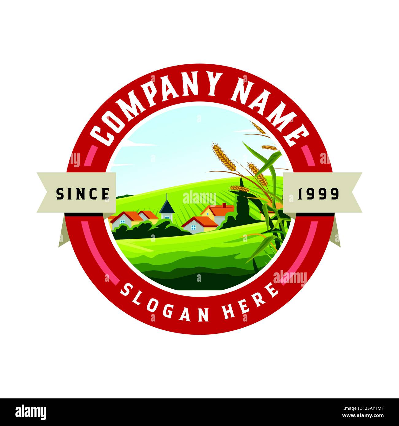 Ein klassisches, kreisförmiges Logo mit ländlicher Landschaft, Häusern und Weizen, mit Firmenname und Slogan in einem Banner. Stock Vektor