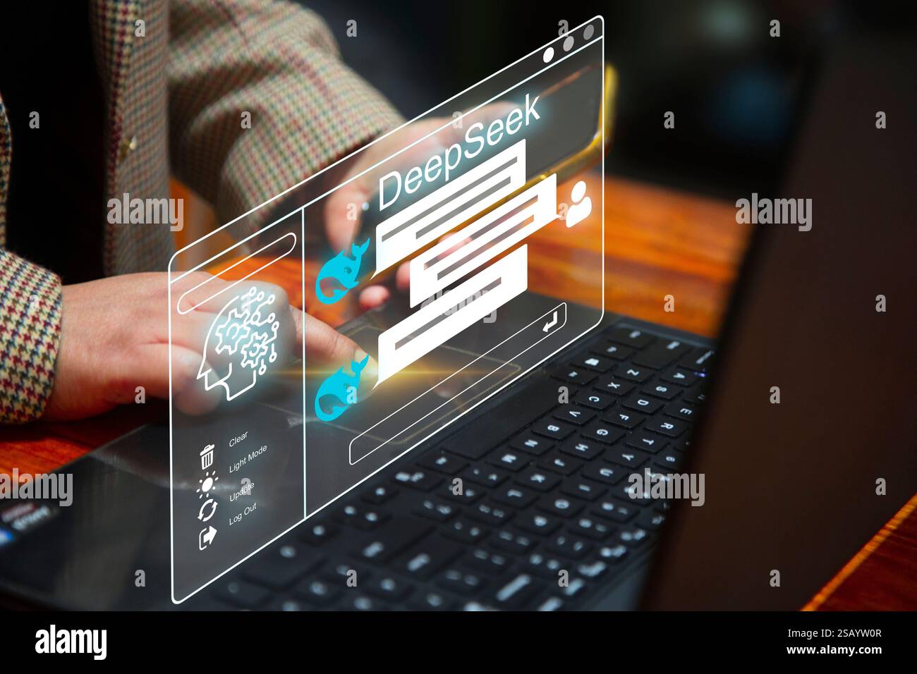Chat-bot-Konzept. Geschäftsleute, die mit einer intelligenten KI über einen von Deepseek entwickelten Chatbot mit künstlicher Intelligenz chatten. Künstliche Intelligenz Stockfoto