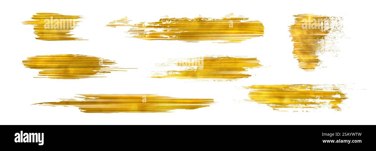 Pinselstriche aus Goldfolie mit metallisch schimmernder Textur. Lackierte, raue horizontale Linien für luxuriöse dekorative Designelemente. Abstraktes, leuchtend strukturiertes Gelb auf weißem Hintergrund. Stock Vektor