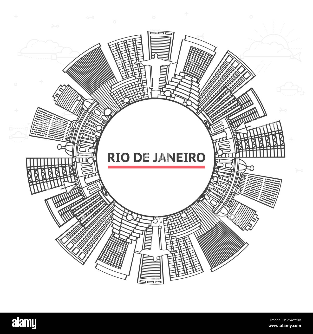 Umreißen Sie die Skyline von Rio de Janeiro Brasilien mit modernen Gebäuden und Kopierraum isoliert auf weiß. Vektorabbildung. Stadtbild von Rio de Janeiro. Stock Vektor