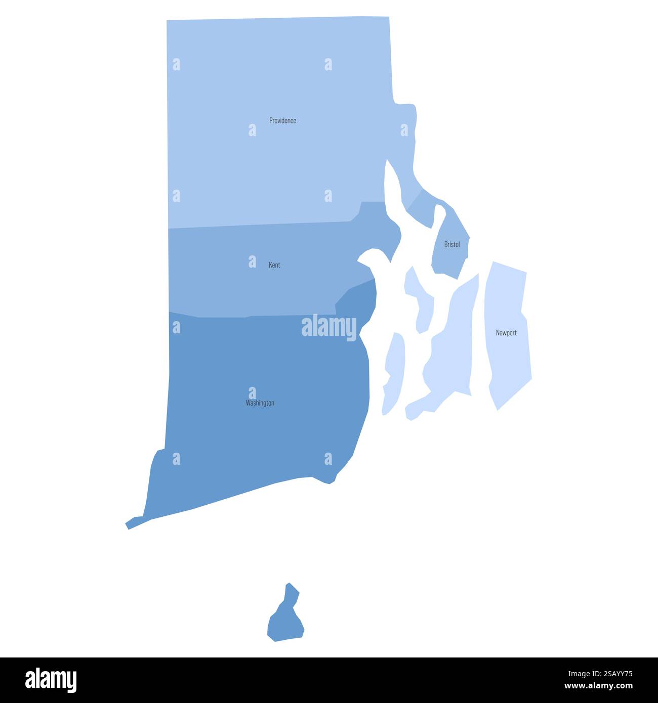 Rhode Island, RI – detaillierte politische Karte des US-Bundesstaates. Administrative Karte unterteilt in Bezirke. Blaue Karte mit Kreisnamen. Vektorabbildung Stock Vektor