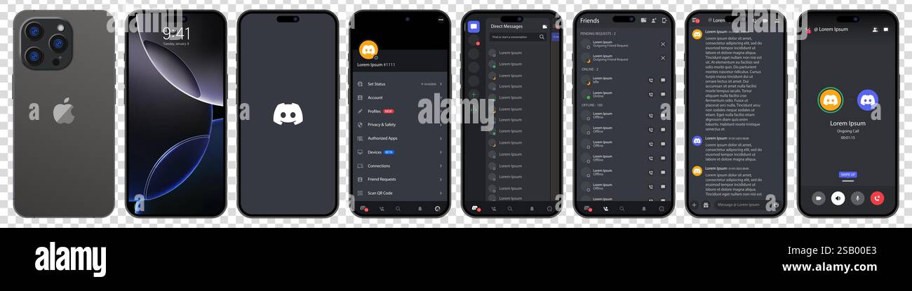 Discord-Display im dunklen iPhone 16 Pro. Trennen Sie die mobile Anwendung von Microsoft Corporation auf einem Smartphone. Vorlage für Social Network Mockup auf iso festlegen Stock Vektor