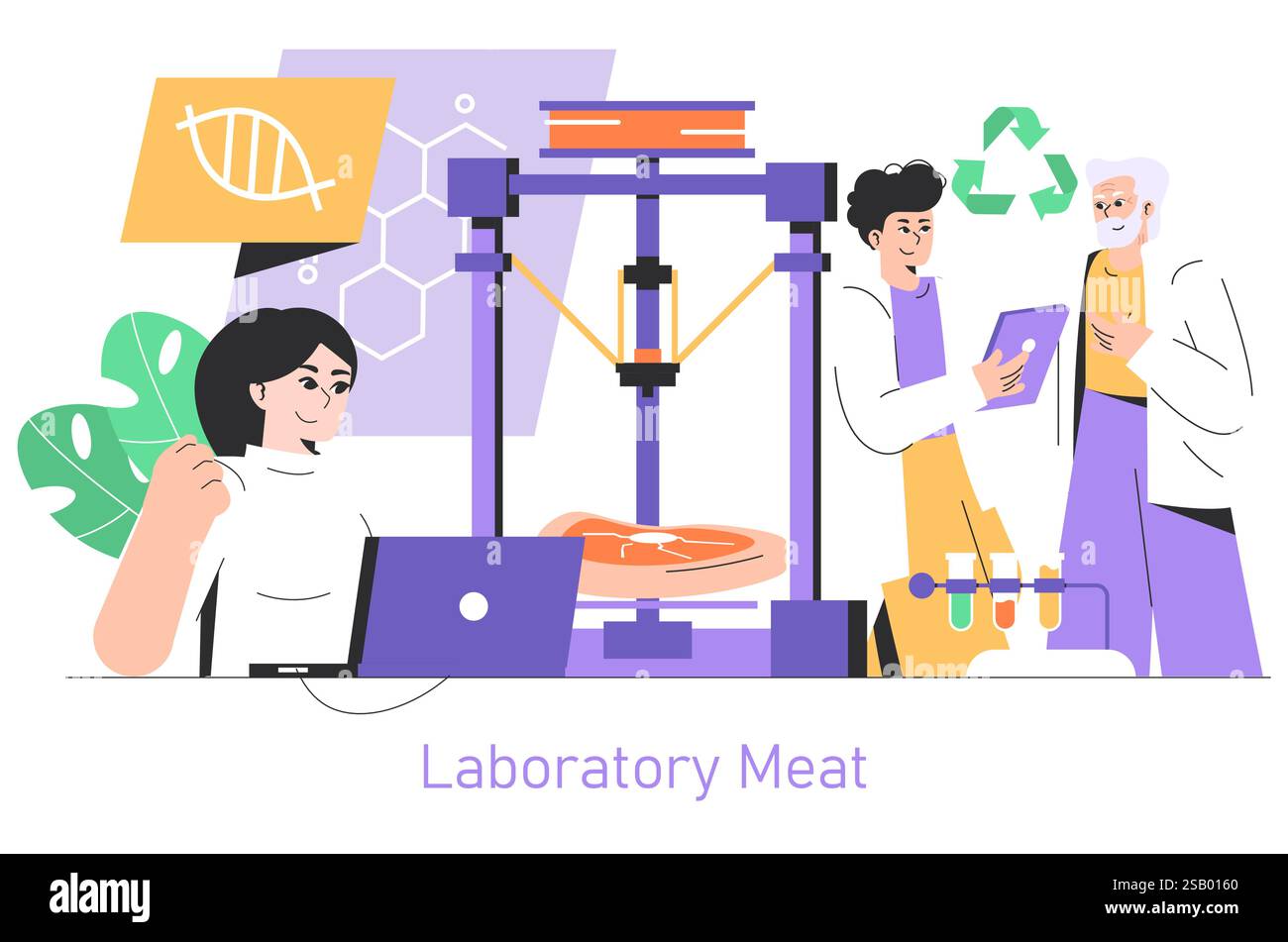 Drucken von Lebensmittelkonzepten. Forscher entwickeln unter Verwendung fortschrittlicher Technologien Fleisch aus Laboratorien und revolutionieren damit die nachhaltige Lebensmittelproduktion. Wissenschaft, Innovation und Zukunft der Lebensmittel. Vektorabbildung. Stock Vektor