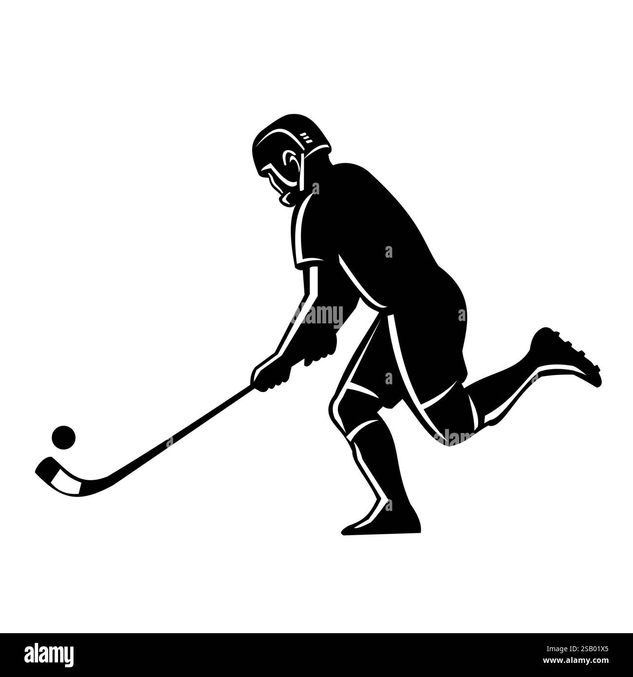 Stencil-Illustration einer Silhouette eines Shinty-Spielers, einem Hockeysport, der mit Sticks namens Caman und einem Ball gespielt wird, der auf Isolat kepy-uppy spielt Stock Vektor