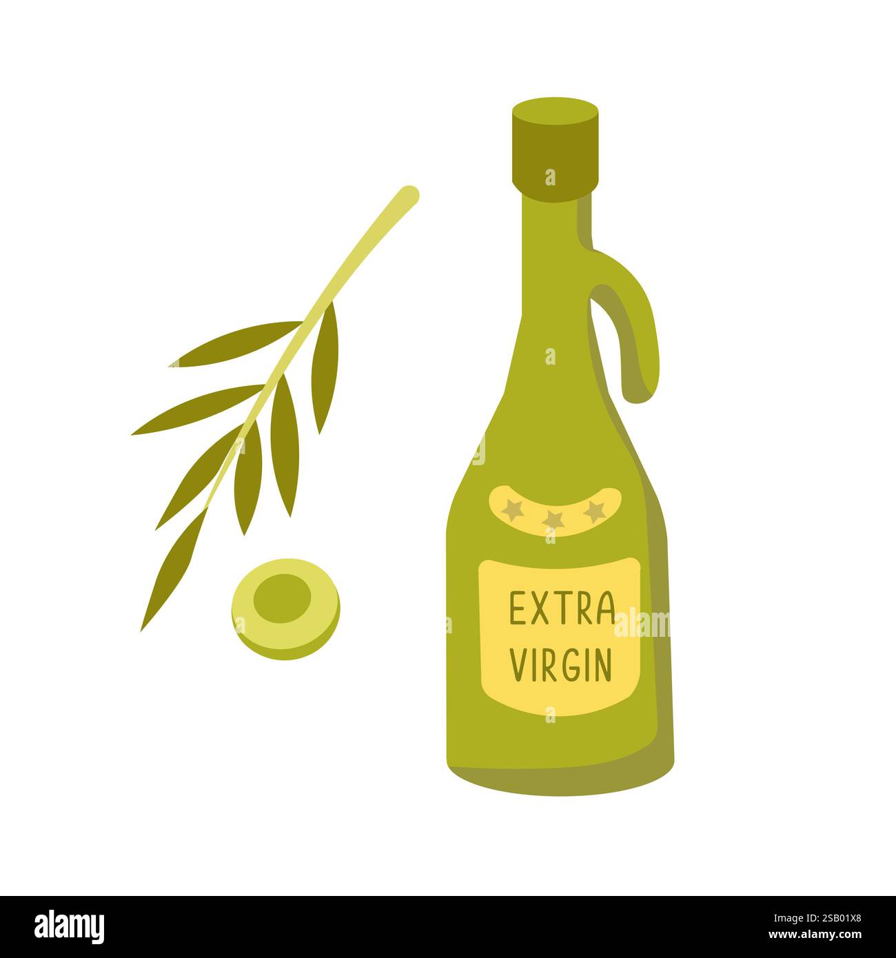 Olivenöl in Glasflasche und Olivenzweig mit Blättern. Traditionelle mediterrane Küche. Essen und Tourismus. Isolierte Vektorillustration auf weiß Stock Vektor