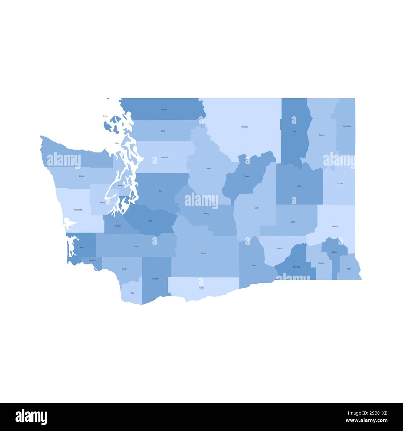 Washington, WA - detaillierte politische Karte des US-Bundesstaates. Administrative Karte unterteilt in Bezirke. Blaue Karte mit Kreisnamen. Vektorabbildung Stock Vektor