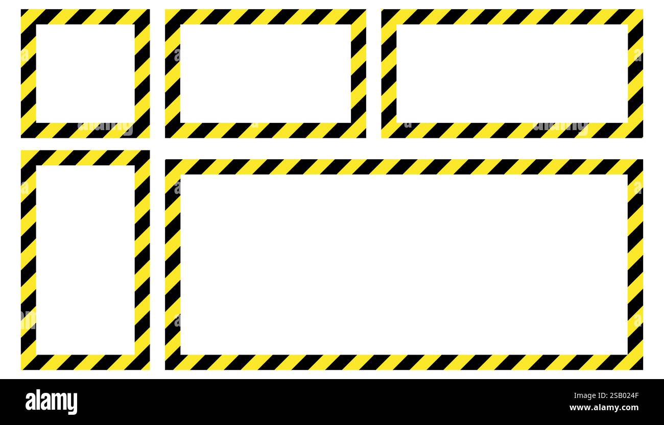 Warnung gestreifte quadratische Rahmen, Warnung zur Vorsicht, potenzielle Gefahr, gelbe und schwarze Streifen auf der Diagonale. Warnrahmen für Konstruktion. Stock Vektor