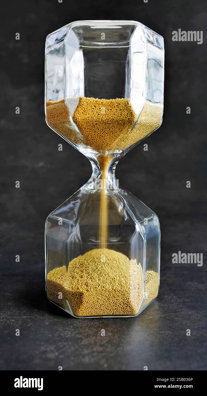 Nahaufnahme transparenter Sanduhr mit fallendem goldenem Sand auf dunklem Hintergrund, jede Sekunde zählt, die Zeit oder die Zeit ist abgelaufen oder die Zeit ist abgelaufen Stockfoto