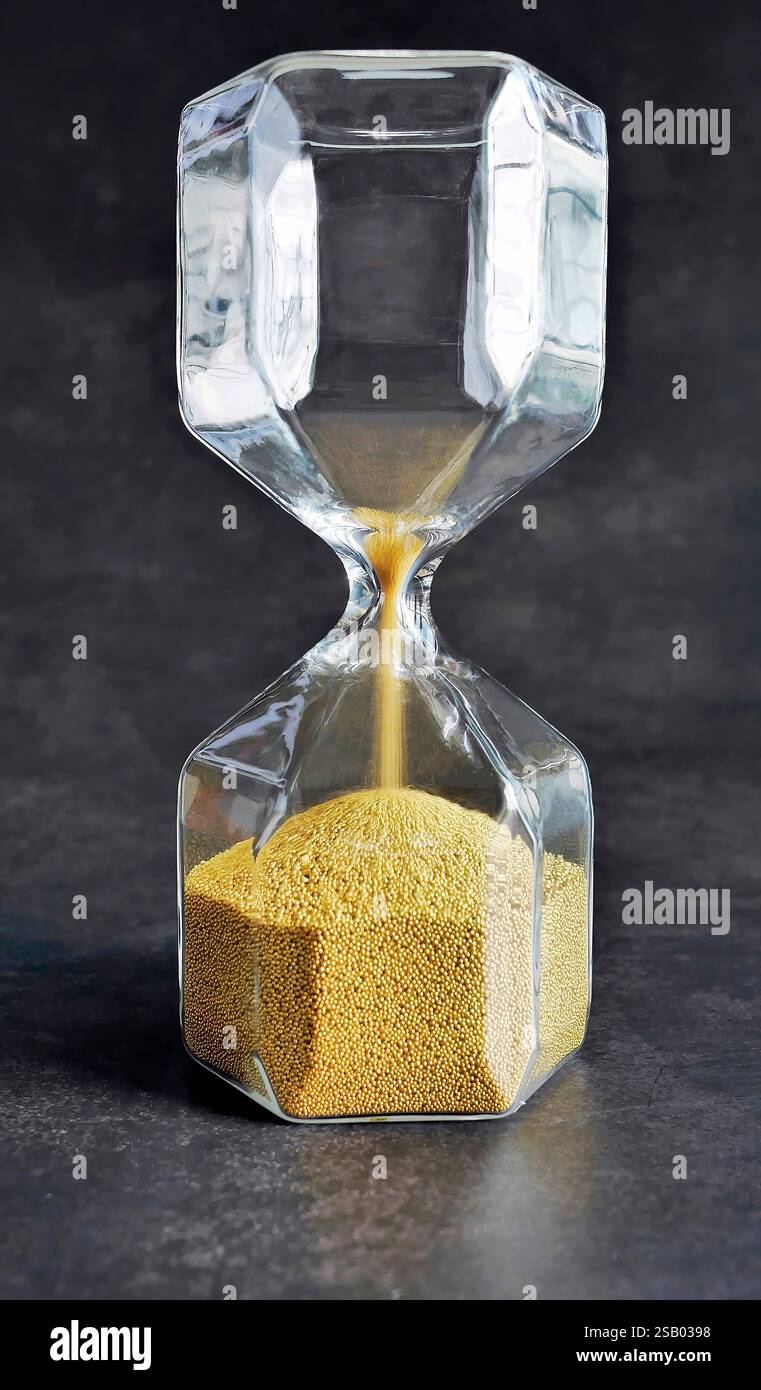 Nahaufnahme transparenter Sanduhr mit fallendem goldenem Sand auf dunklem Hintergrund, jede Sekunde zählt, die Zeit oder die Zeit ist abgelaufen oder die Zeit ist abgelaufen Stockfoto