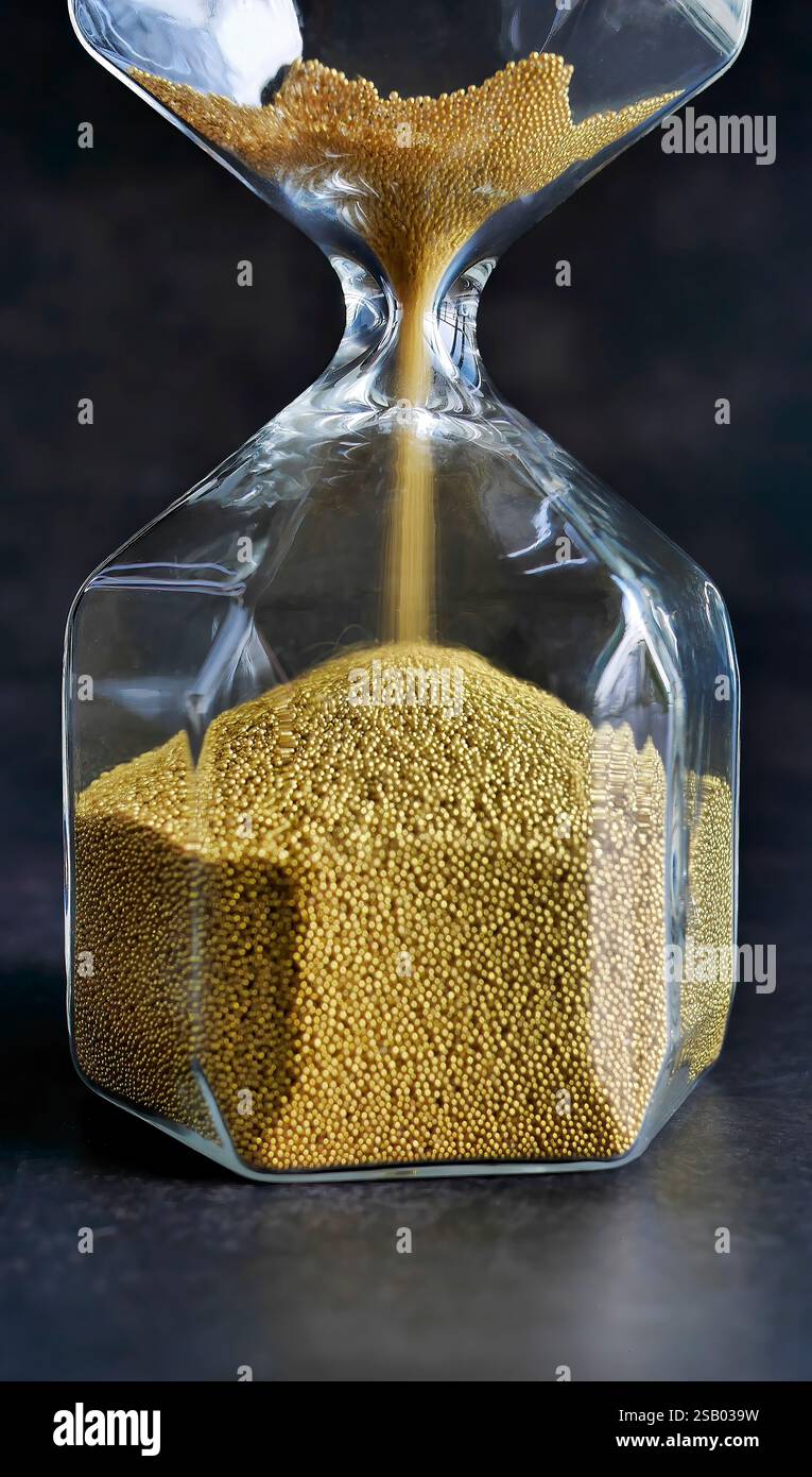Nahaufnahme transparenter Sanduhr mit fallendem goldenem Sand auf dunklem Hintergrund, jede Sekunde zählt, die Zeit oder die Zeit ist abgelaufen oder die Zeit ist abgelaufen Stockfoto