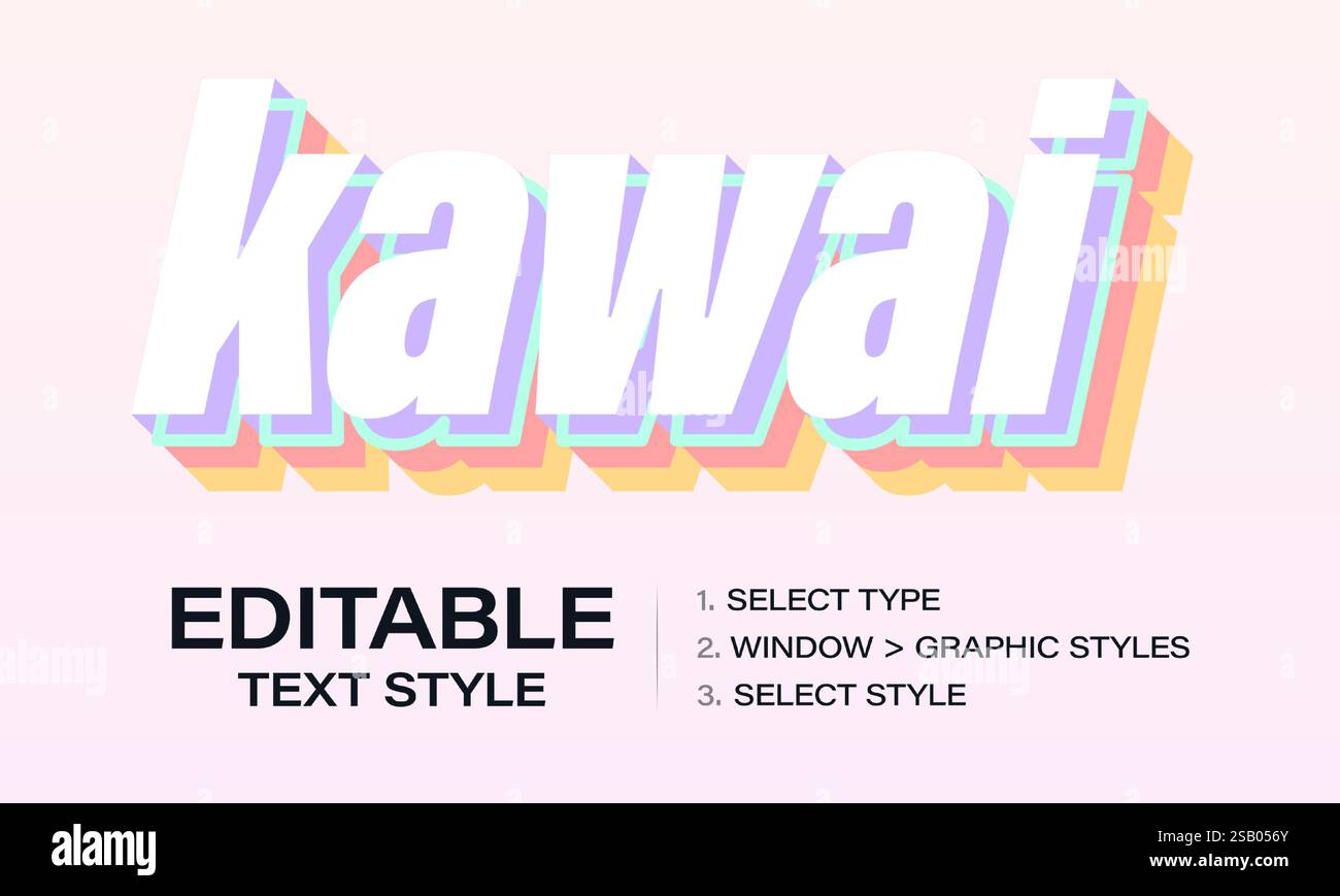 Kawai bearbeitbare Vorlage mit Texteffekt und Regenbogengrafik. Personalisierbare Farben mit Konturendesign. Vektorabbildung Stock Vektor