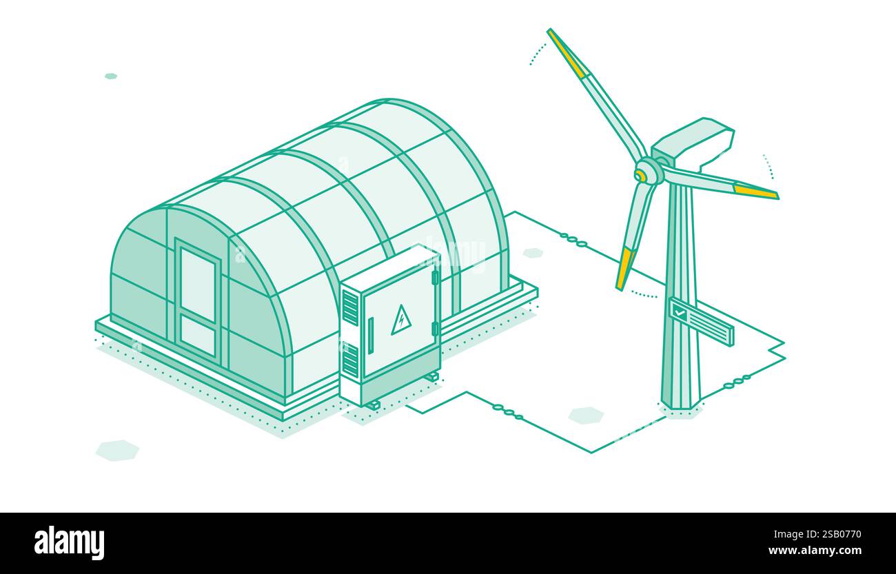 Isometrisches Gewächshaus mit Windturbine. Vektorabbildung. Landwirtschaft und Gartenbau. Geschlossene Tür. Konturobjekt isoliert auf weiß. Stock Vektor