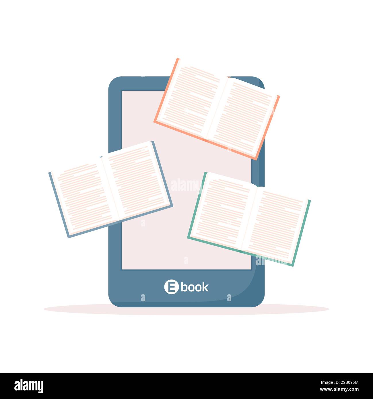 Offene Bücher und großer E-Book-Leser, isoliert auf weißem Hintergrund. Illustration des flachen Vektors Stock Vektor