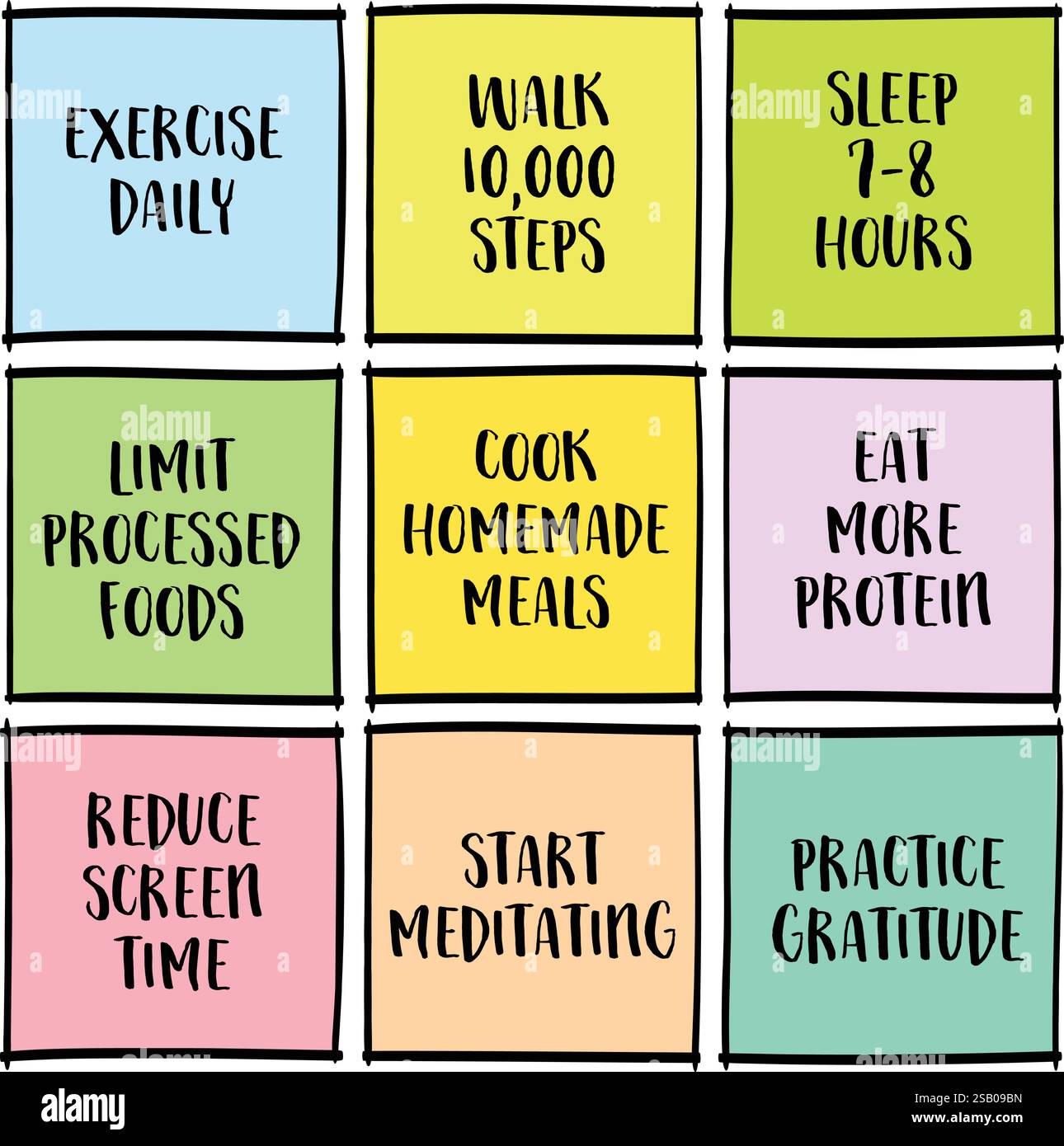 Neujahrsvorsätze für gesunden Lebensstil - Satz inspirierender Notizen mit Tipps und Richtlinien. Stock Vektor