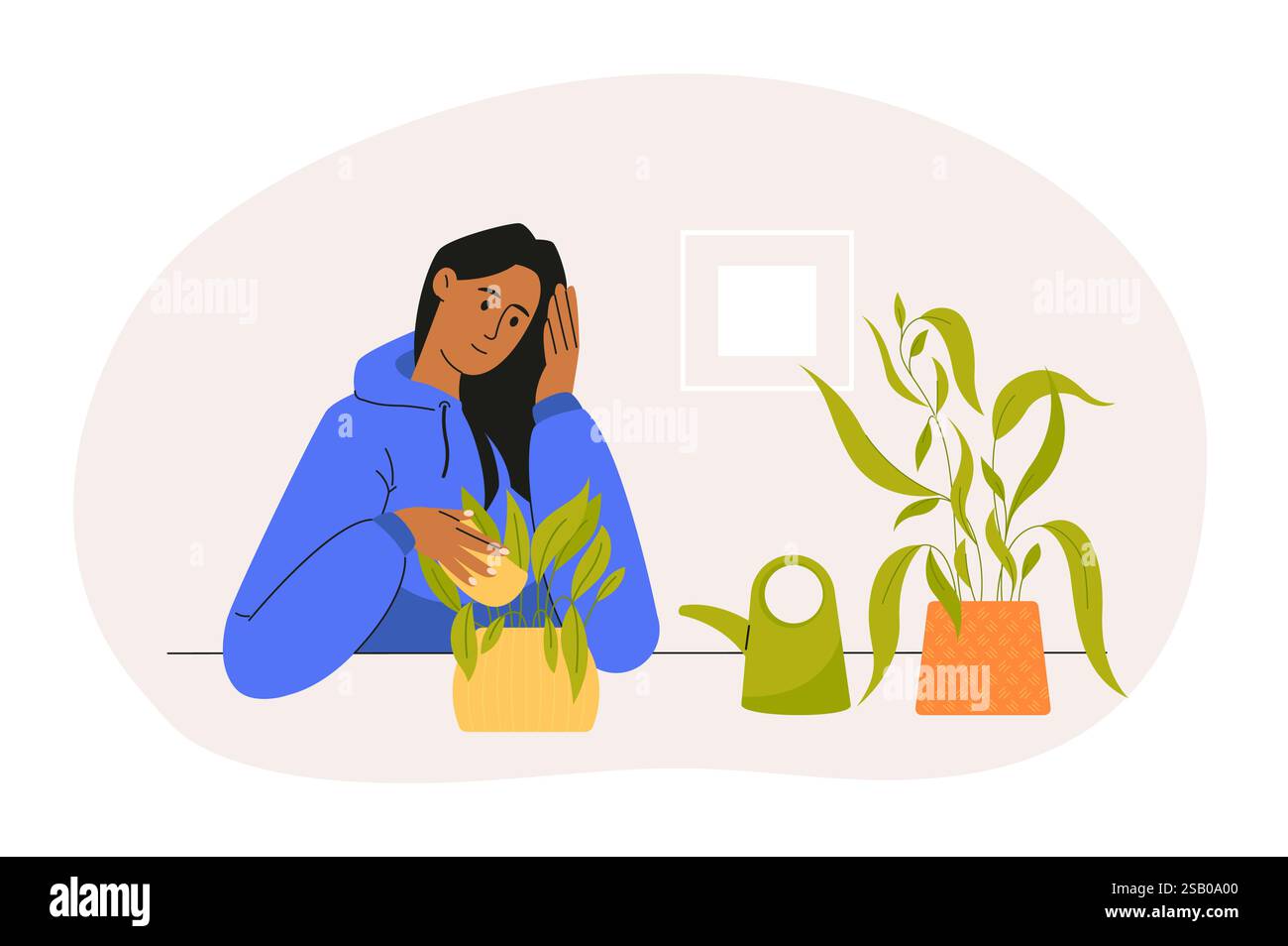 Junge Frau, die Zimmerpflanzen reinigt und pflegt, am Tisch sitzt, im Garten arbeitet, Gießkanne und Zimmerpflanzen, Hobby und Freizeit, Heimgarde Stock Vektor