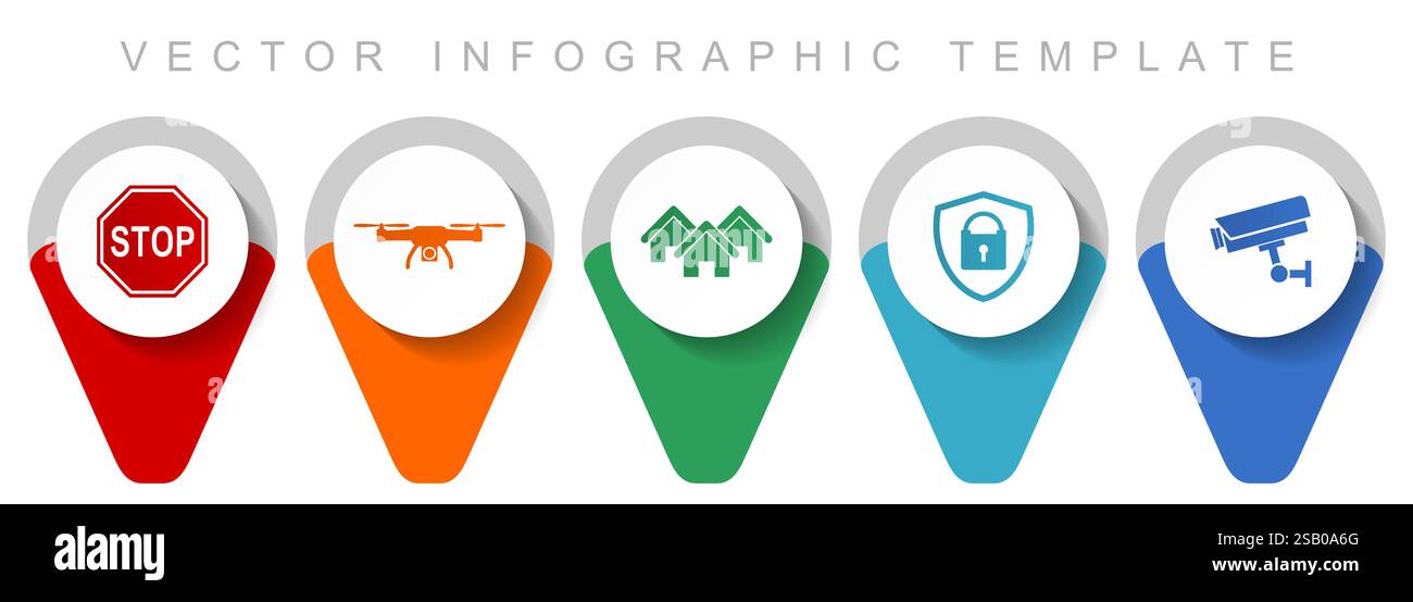 Zeigersammlung für Haussicherheit, verschiedene Symbole wie Stoppschild, Drohne, Haus, cctv-Kamera und Vorhängeschloss, Infografik-templat mit flachem Design Stock Vektor