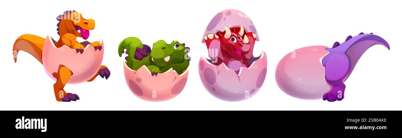 Zerbrochene Eier mit Baby-Dinosauriern im Set isoliert auf weißem Hintergrund. Vektor-Zeichentrickillustration von niedlichen Dinos schlüpfen, spielen und Verstecken in Eierschalen, Jurassic Park Tiere, lustige Zoo Maskottchen Stock Vektor