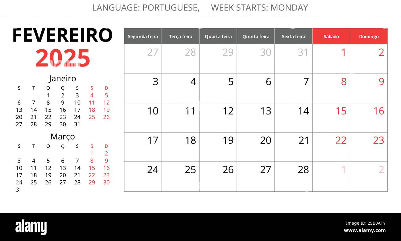 PORTUGIESISCHER Monatskalender Februar für 2025 Jahre. Vektorseite Illustration für Portugal Stock Vektor