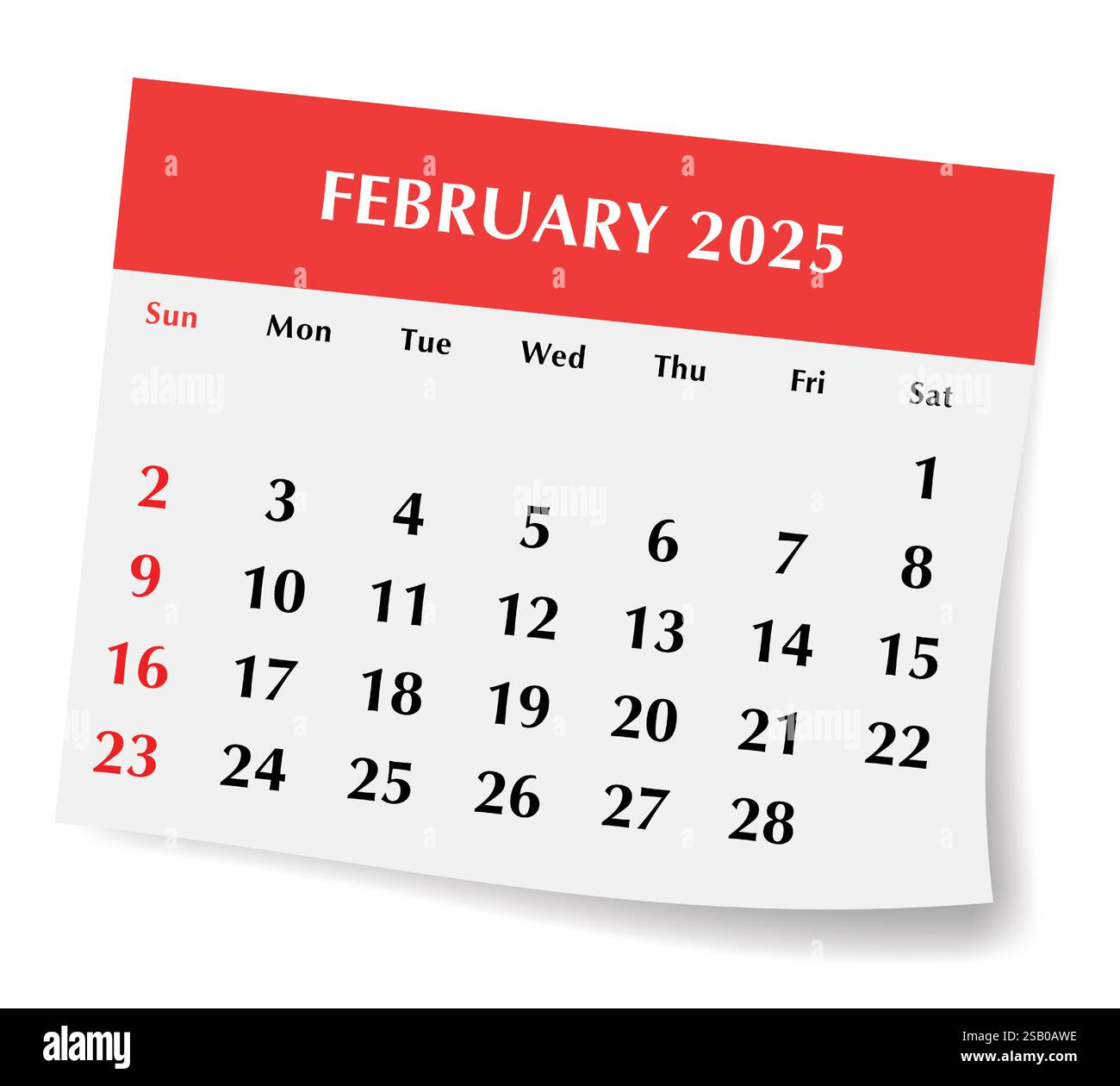 Englischer Kalender für den 2025. februar. Vektorillustration der monatlichen Papierseite mit Schatten. Design mit Sonntagsstart Stock Vektor