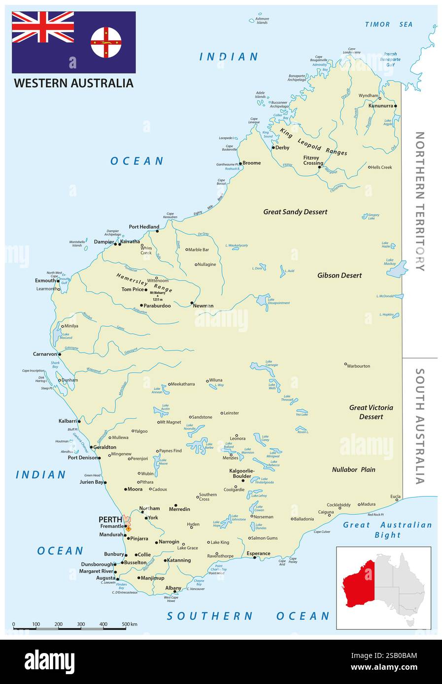 Vektorkarte des australischen Bundesstaates Western Australia Stockfoto