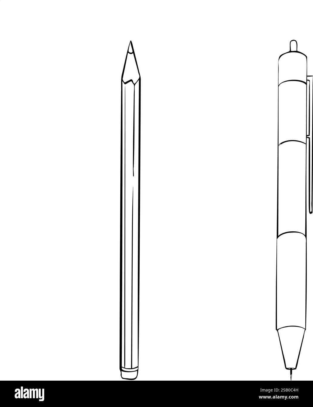 Schwarz-weiß-Buntstift und Stift. Vektorkontur des Bleistifts. Monochrom Sketch School oder Education thematische Zeichnung. Zurück in die Schule von Hand gezeichnetes Kritzelchen Stock Vektor