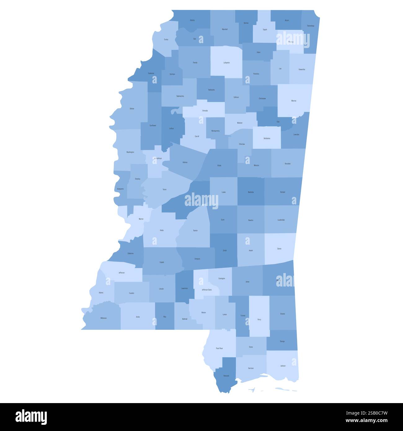 Mississippi, MS - detaillierte politische Karte des US-Bundesstaates. Administrative Karte unterteilt in Bezirke. Blaue Karte mit Kreisnamen. Vektorabbildung Stock Vektor