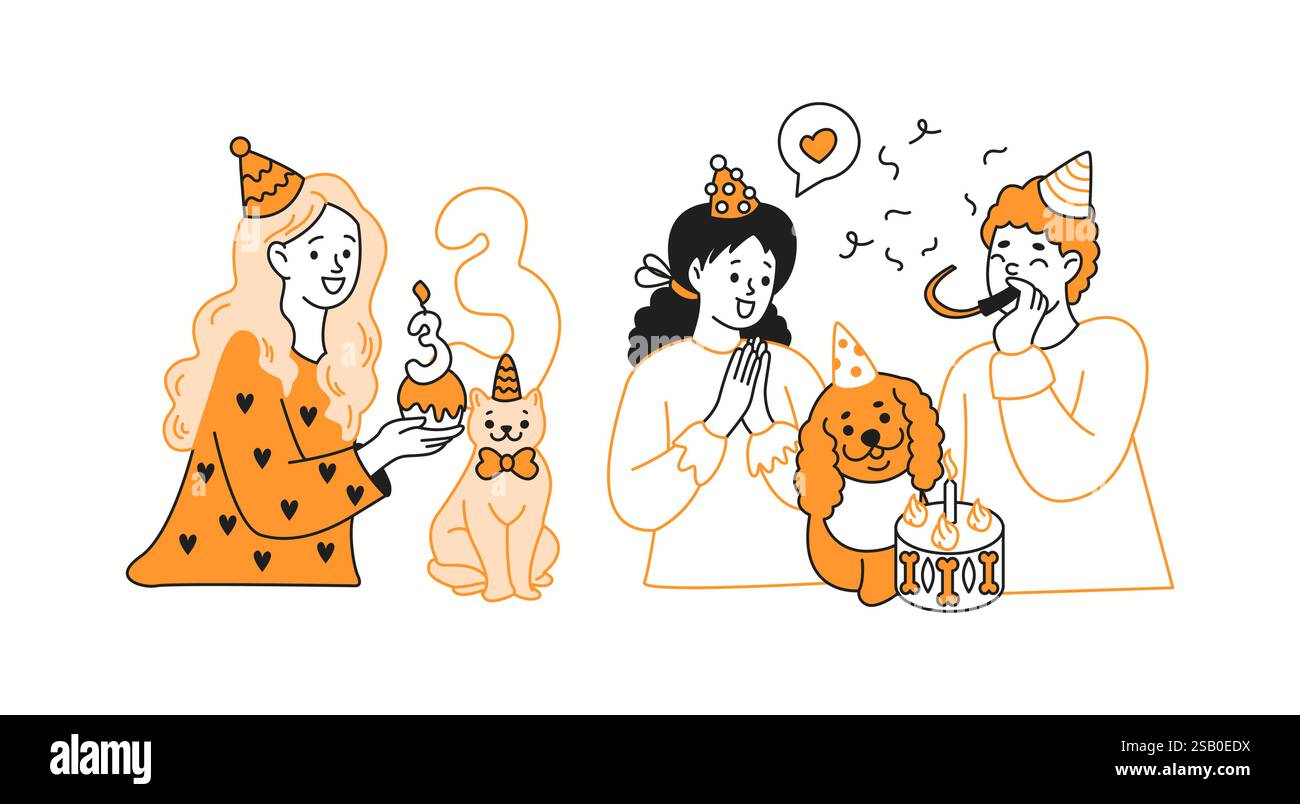Tierbesitzer feiern den Geburtstag von Tieren, orangefarbene lineare Icons-Kollektion. Die Liebe zu Katzen- und Hundekritzelfiguren auf weißem Hintergrund zeigen Stock Vektor