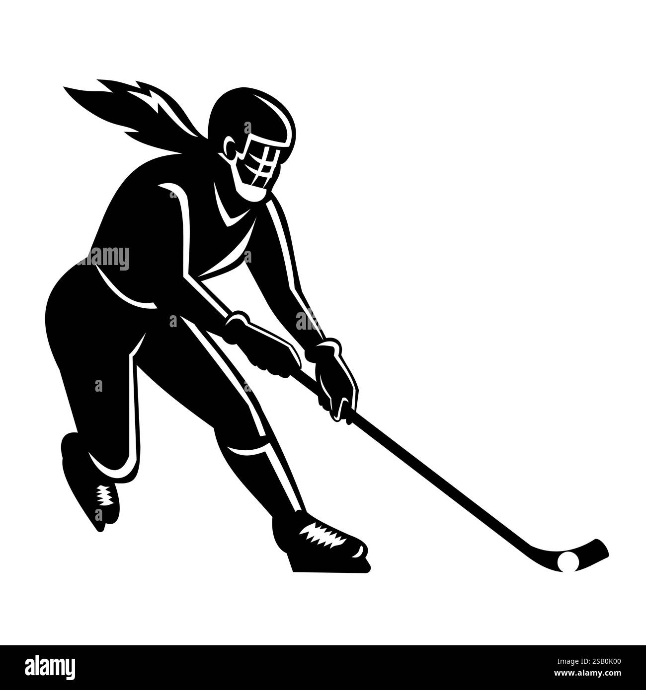 Stencil-Illustration der Silhouette eines weiblichen Bandy-Spielers, ein Eishockeyspiel, das im Winter gespielt wird, mit Stab-Vorderansicht auf isoliertem Hintergrund Stock Vektor