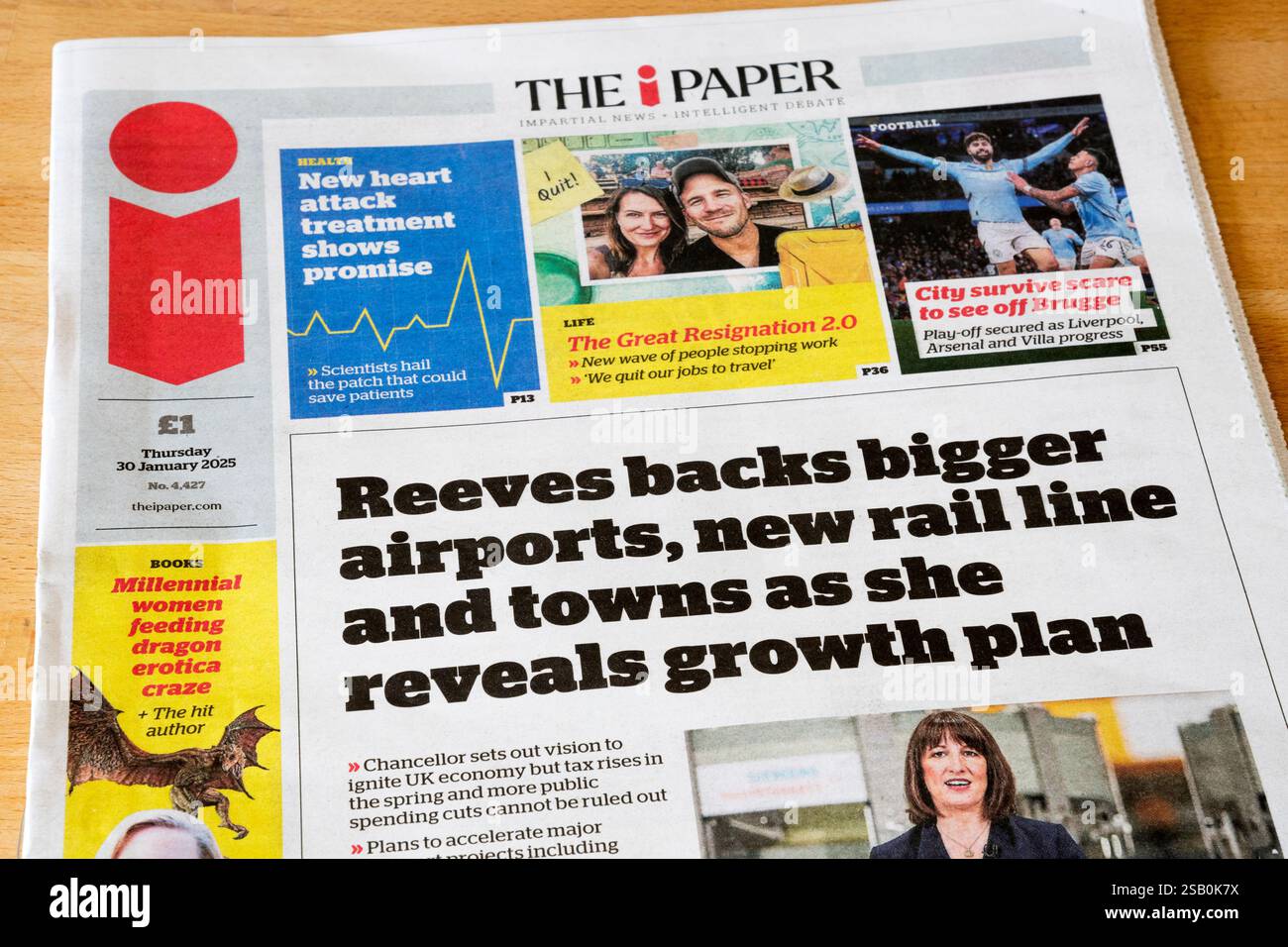 30. Januar 2025. Im i Paper steht Reeves für größere Flughäfen, neue Bahnlinien und Städte, während sie den Wachstumsplan vorlegt. Stockfoto