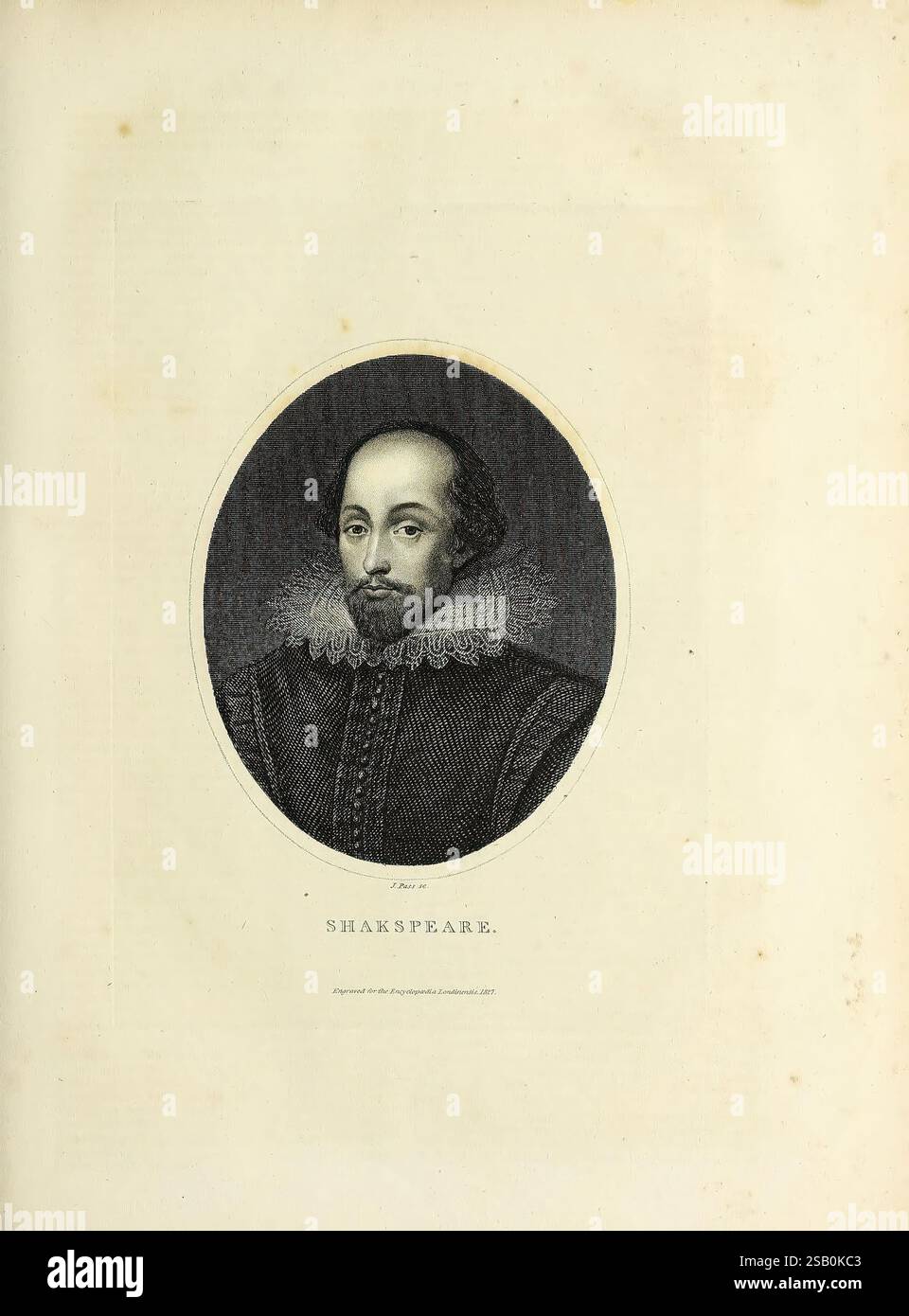 Encyclopaedia londinensis, oder Universal Dictionary of Arts, Sciences and Literature London, gedruckt für den Inhaber von J. Adlard, verkauft im Encyclopaedia Office von J. White und Champante and Whitrow, 1810–1829. Enzyklopädien und Wörterbücher, Mollusks, Pictorial Works, das Bild zeigt ein Porträt von William Shakespeare mit einer detaillierten Gravur, die seine markanten Gesichtszüge und seine unverwechselbare Kleidung hervorhebt. Er wird in einem runden Rahmen präsentiert, der mit einer Rüsche um den Hals geschmückt ist, was typisch für die elisabethanische Ära war. Unter dem Porträt befindet sich der Name „SHAKSPEARE“ Stockfoto