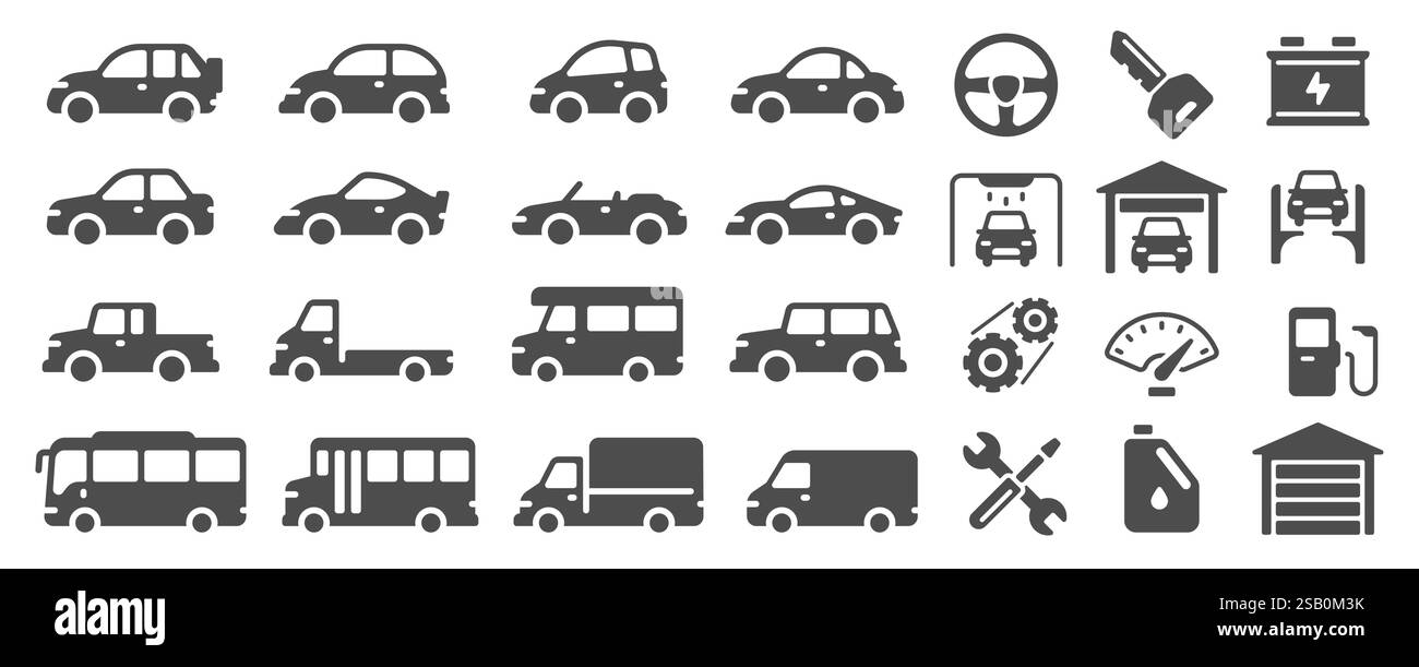 Es werden verschiedene Fahrzeugsymbole angezeigt, z. B. Autos, Lkw, Busse und Lieferwagen. neben Wartungssymbolen wie Lenkrad, Schlüssel, Batterie, ca. Stock Vektor