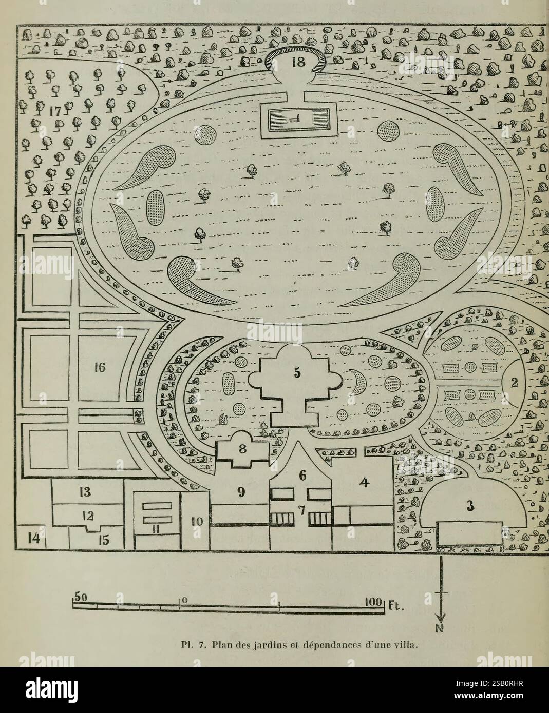 Belgique, Gartenbau, Lüttich, Botanik, Gartenbau, Zeitschriften, Pflanzen, das Layout veranschaulicht den Garten und die umliegenden Bereiche einer Villa mit einem detaillierten Plan mit verschiedenen Abschnitten, die als Referenz nummeriert sind. Das Design umfasst einen großen zentralen Gartenbereich, der von Wegen und kleineren Gartengrundstücken umgeben ist. Bemerkenswerte Merkmale sind Wasserkörper, dekorative Bäume und besondere Landschaftszonen, die alle zu einer organisierten Ästhetik beitragen. Ein detaillierter Schlüssel liefert wahrscheinlich Informationen über bestimmte Bereiche oder Funktionen, wodurch der Nutzen des Plans sowohl für die Konstruktion als auch für die Wartung verbessert wird. Das Layout ist emphasi Stockfoto