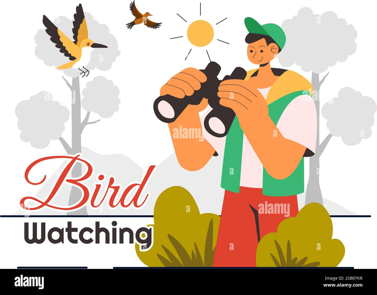Vogelbeobachtung Vektor-Illustration mit Menschen, die Vogel in der Natur mit einem Zoologen oder Naturforscher in einem Park oder Wald Umgebung im Hintergrund beobachten Stock Vektor