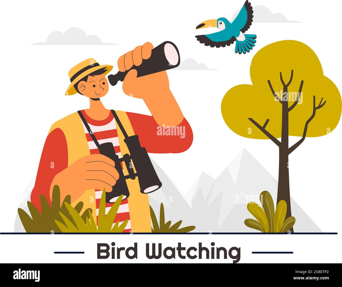 Vogelbeobachtung Vektor-Illustration mit Menschen, die Vogel in der Natur mit einem Zoologen oder Naturforscher in einem Park oder Wald Umgebung im Hintergrund beobachten Stock Vektor