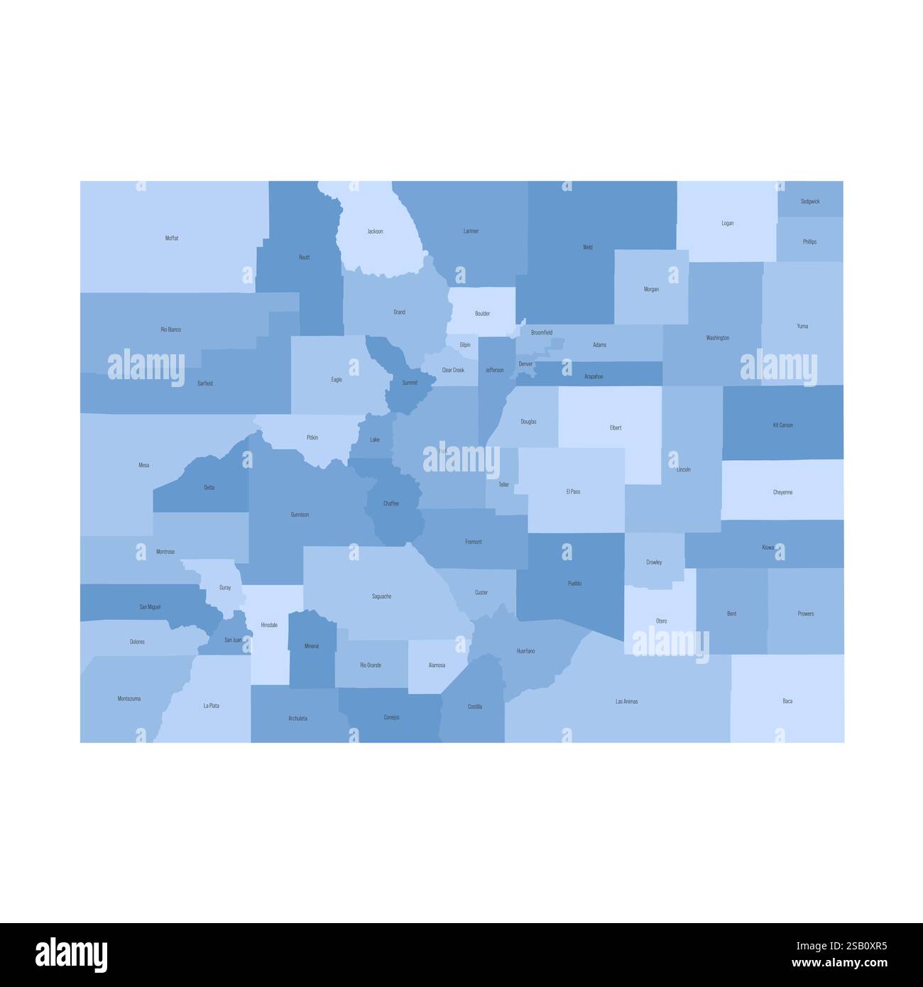 Colorado, CO – detaillierte politische Karte des US-Bundesstaates. Administrative Karte unterteilt in Bezirke. Blaue Karte mit Kreisnamen. Vektorabbildung Stock Vektor