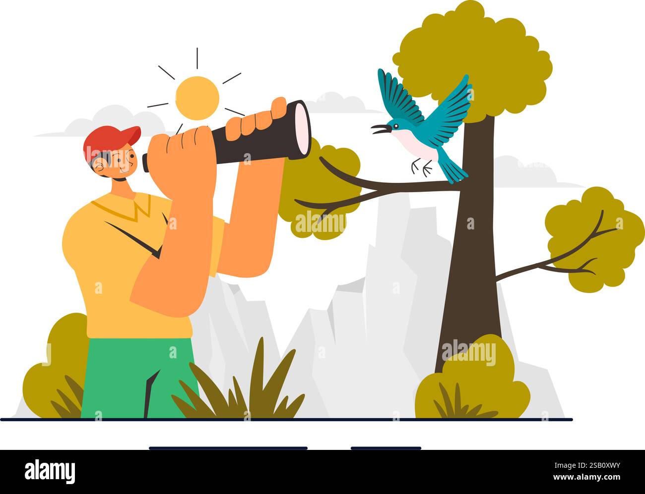 Vogelbeobachtung Vektor-Illustration mit Menschen, die Vogel in der Natur mit einem Zoologen oder Naturforscher in einem Park oder Wald Umgebung im Hintergrund beobachten Stock Vektor