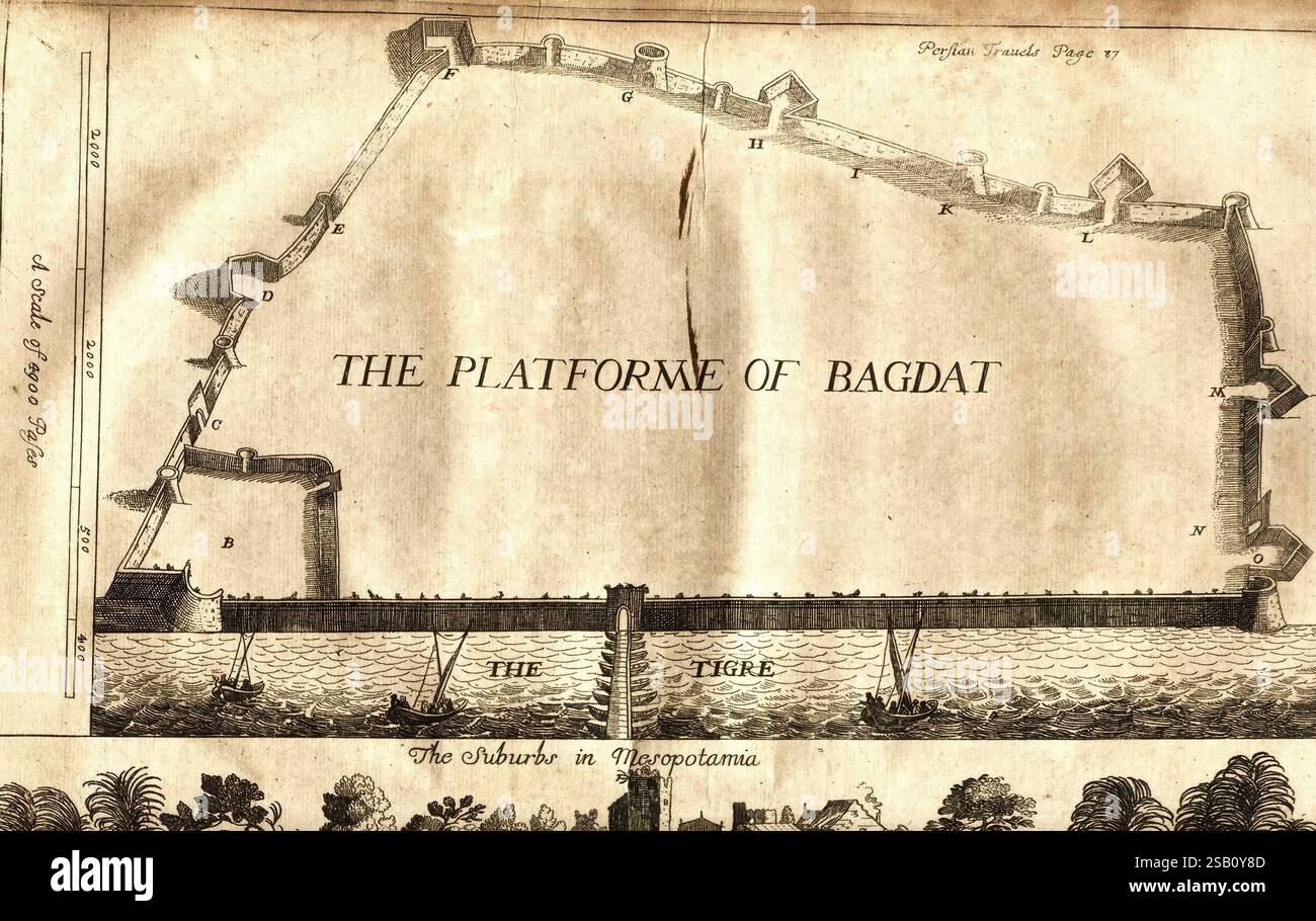 The Six Voyages of John Baptista Tavernier, London, gedruckt für R.L. und M. P, 1678, Indien, Türkei, Iran, Beschreibung und Reise, Reisen und Reisen, Eine historische Illustration mit einer detaillierten Karte der Plattform von Bagdat, die das Layout der Struktur mit den beschrifteten Punkten von A bis K zeigt. das Design enthält eine Darstellung des Tigre-Flusses mit den auf dem Wasser abgebildeten Booten. Unterhalb der Hauptstruktur zeigt eine Notiz die Lage der Vororte in Mesopotamien an und betont den geografischen Kontext. Die Karte zeigt eine Mischung aus architektonischen Elementen und natürlichen Elementen, die reflektieren Stockfoto