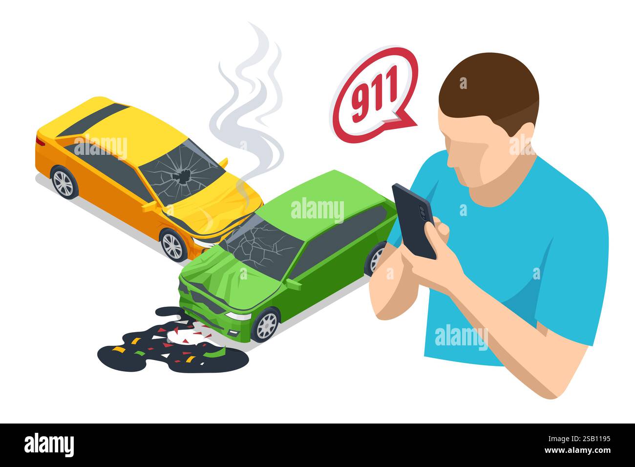 Autounfall. Isometrische Vektordarstellung eines Autounfalls mit zwei beschädigten Autos. Ein Mann in einem blauen Hemd ruft den Rettungsdienst mit einer 911 Stock Vektor
