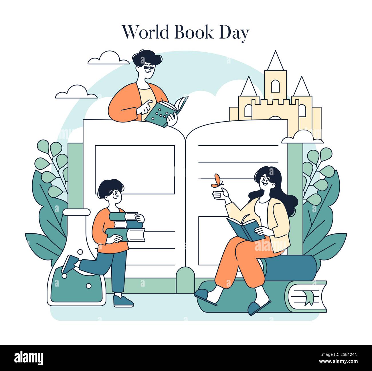Weltbuchtag. Eine Szene, in der die Freude am Lesen mit Kindern und Erwachsenen in Büchern hervorgehoben wird. Zu den Elementen gehören offene Bücher, Natur und ein skurriles Schloss, das Fantasie und Lernen repräsentiert. Vektorabbildung. Stock Vektor
