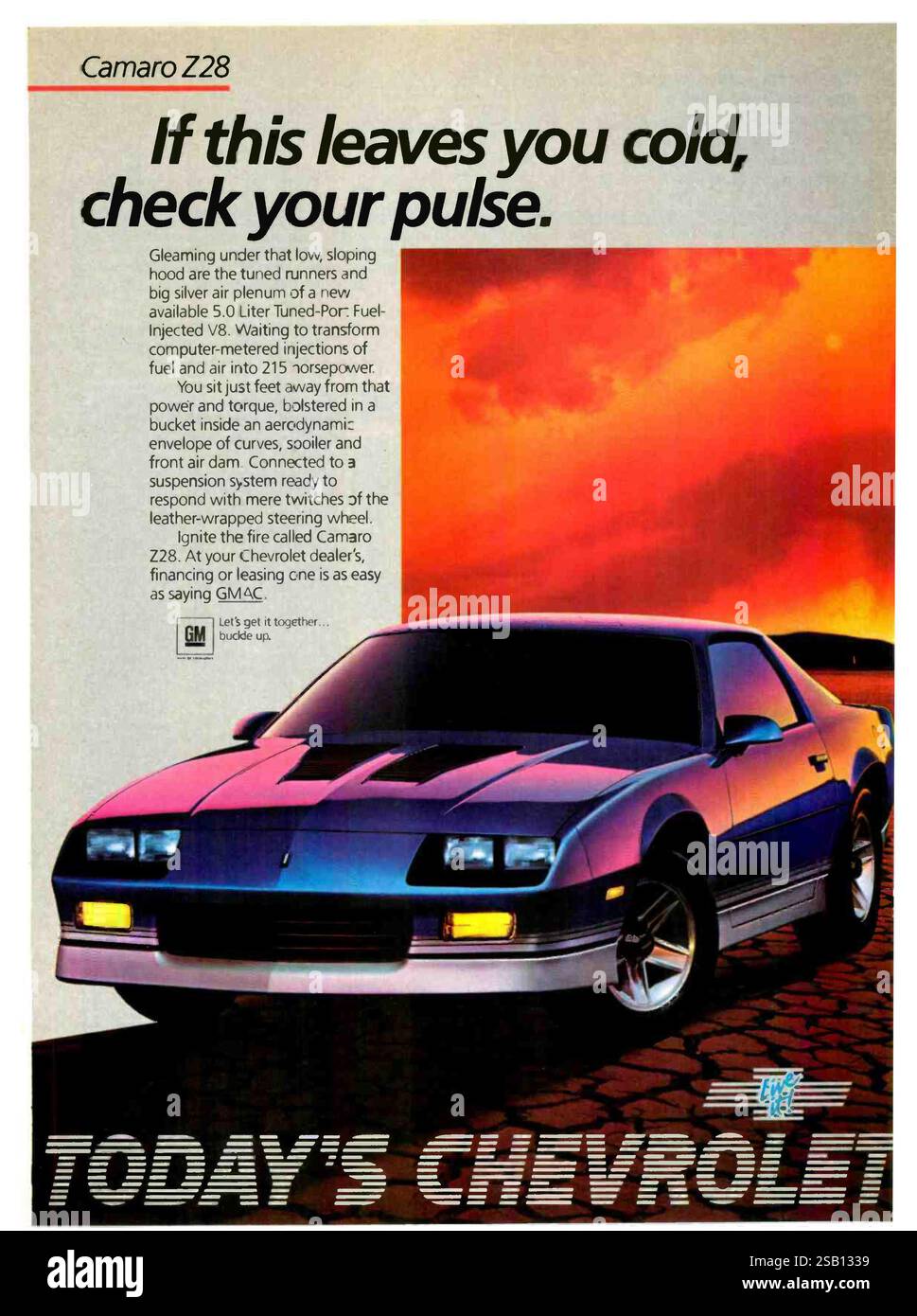 1985 US Chevrolet Camaro Z28 Ad - ' Check Your Pulse ' Stockfoto