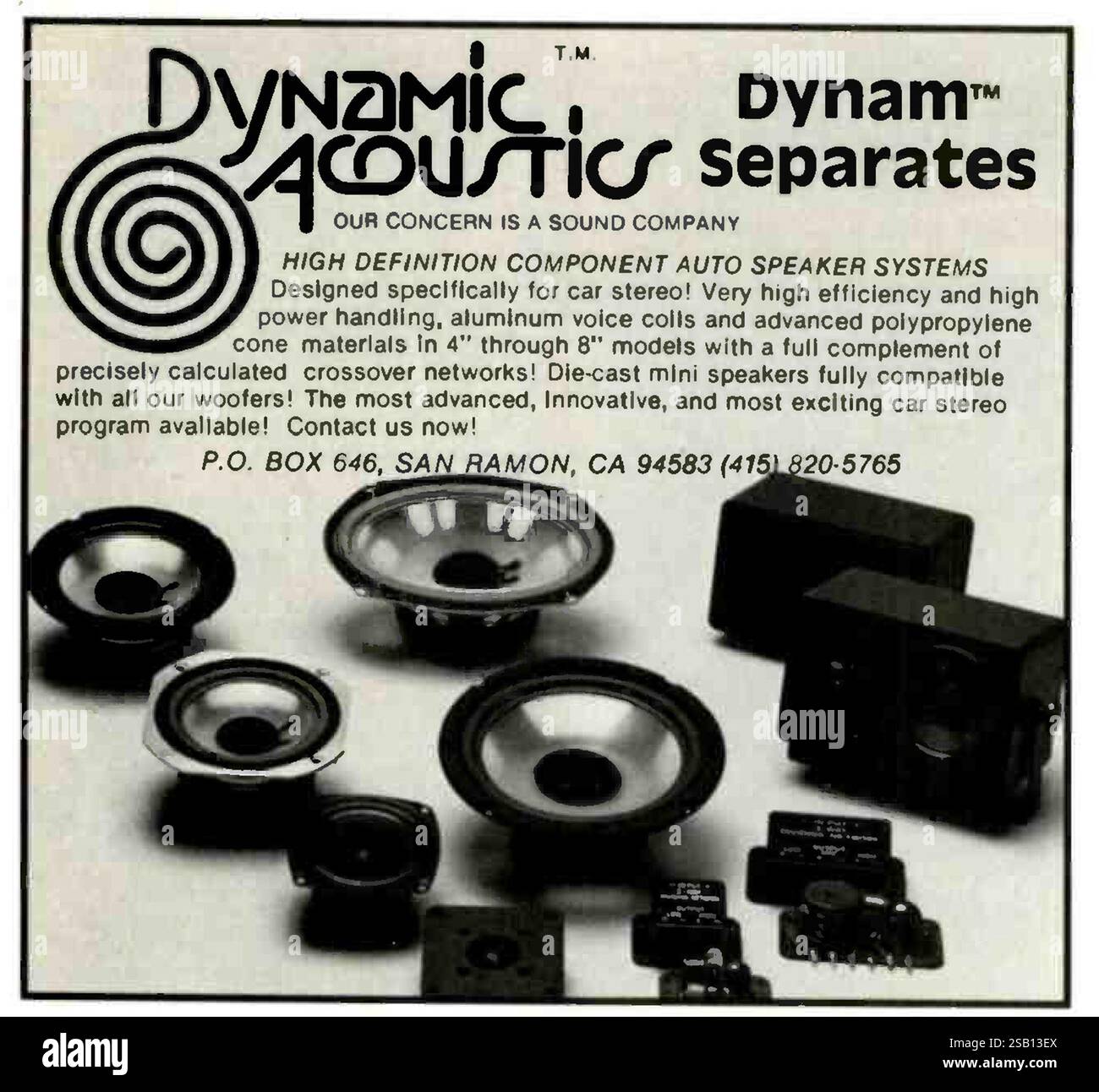 1985 US Dynamic Acoustics Dynam trennt Auto-Lautsprecher-Werbung Stockfoto