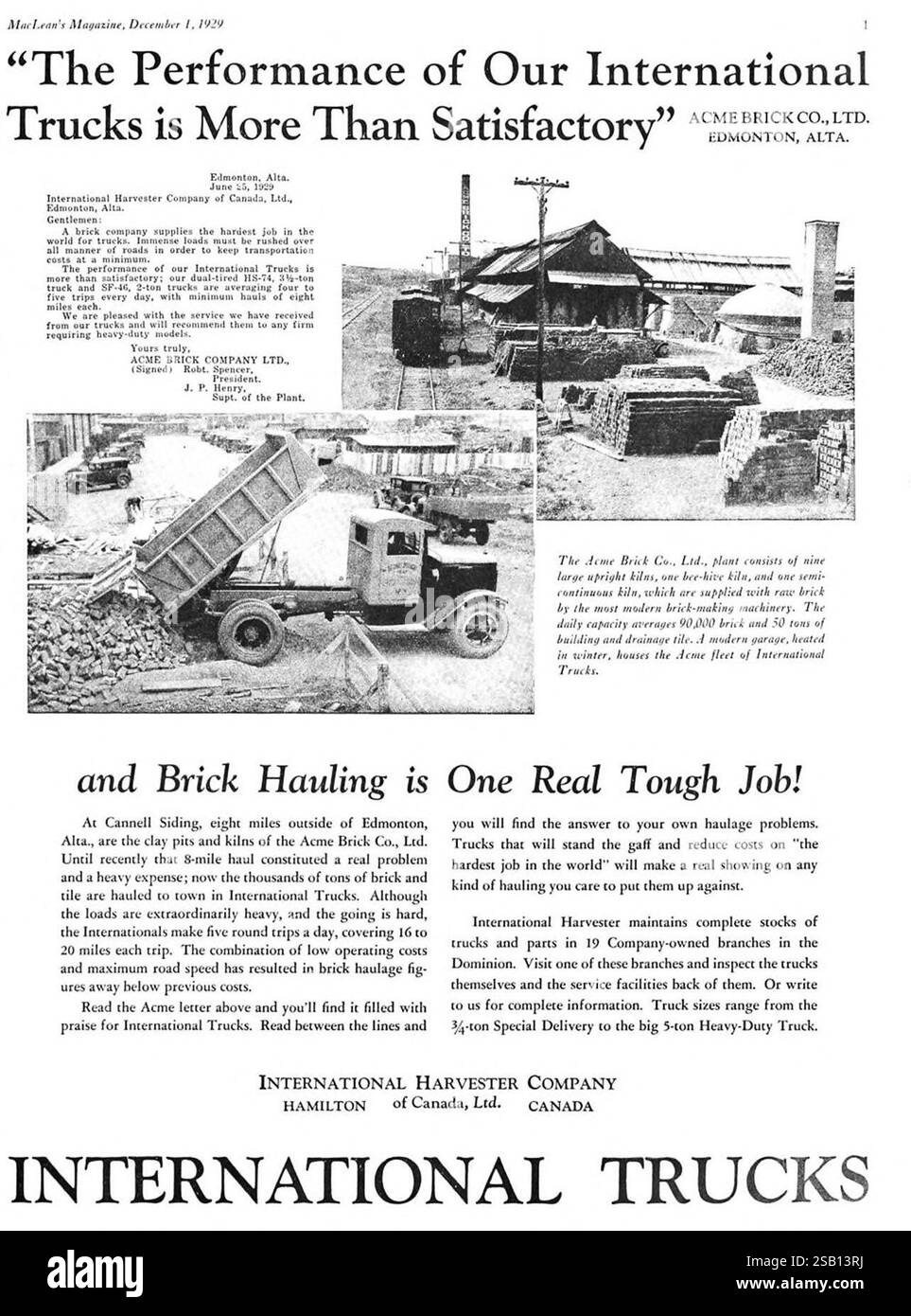 1929 Canadian International Harvester Trucks Ad - Acme Brick Co Edmonton Alta. Stockfoto