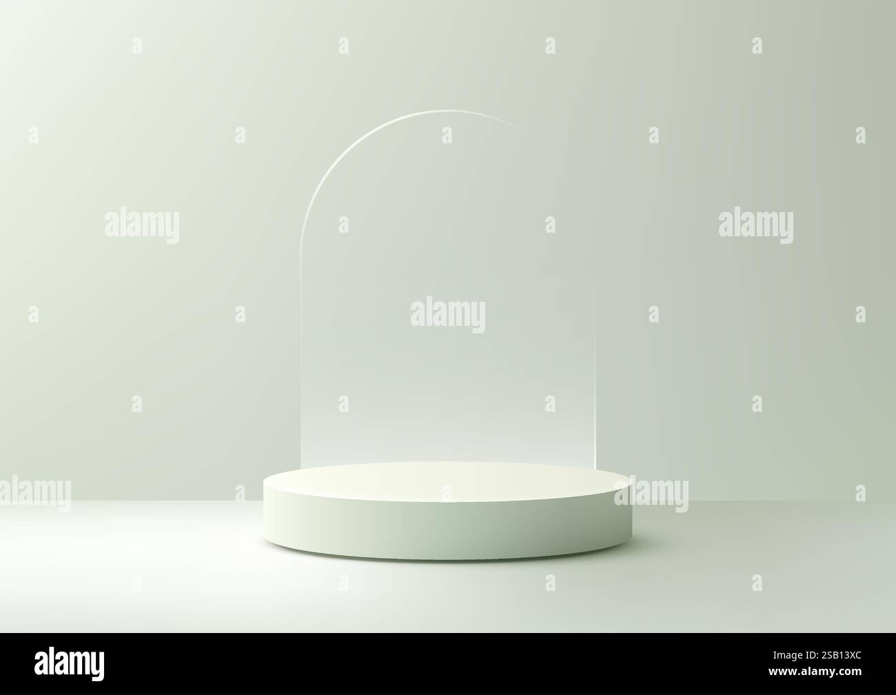 Minimalistische 3D-Szene ein sanftes grünes, zylindrisches Podium mit gewölbtem Glasakzent vor pastellfarbenem Hintergrund, perfekt für Produktmockups, die sauber sind Stock Vektor