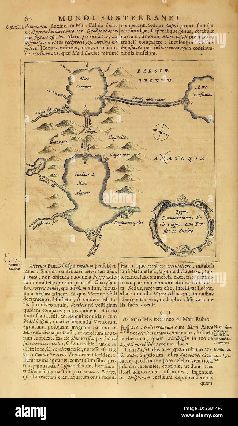 Mundus Subterraneus, in XII Libros Digestus, Amstelodami, apud Joannem Janssonium à Waesberge & Filios, 1678, Wissenschaft, Naturgeschichte, Geologie, eine alte Karte, die eine fantastische Darstellung einer unterirdischen Welt zeigt. Die gezeigten geografischen Merkmale umfassen Berge, Flüsse und Gebiete, die in einem älteren Schriftzug markiert sind. Bemerkenswerte Bereiche sind mit Namen wie „Tigri“ und „Nostria“ gekennzeichnet, während sich ein Pfad durch die Landschaft schlängelt. Dekorative Elemente wie Kompassrosen und skurrile Landformationen verstärken den künstlerischen Reiz der Karte und deuten auf eine mythische oder spekulative geographische Region hin Stockfoto