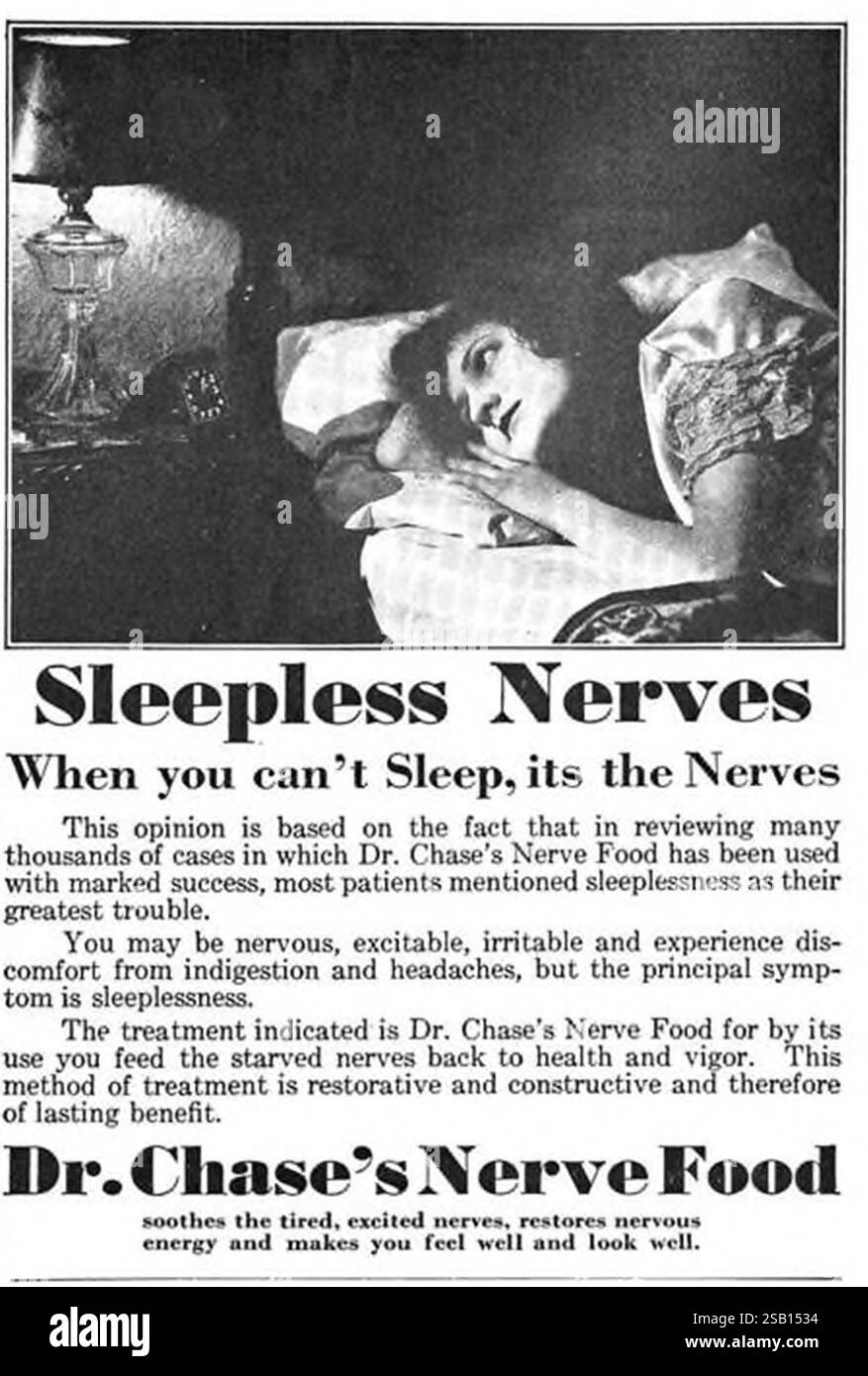 1929 der kanadische Dr. Chase's Nerve Food „beruhigt müde, aufgeregte Nerven, stellt nervöse Energie wieder her“-Werbespot Stockfoto